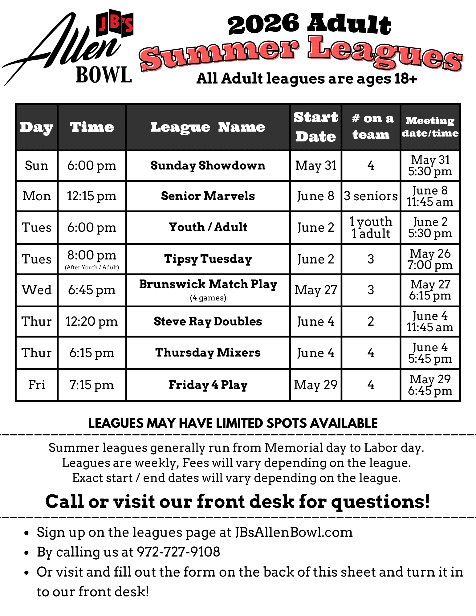 2026 Adult summer leagues
