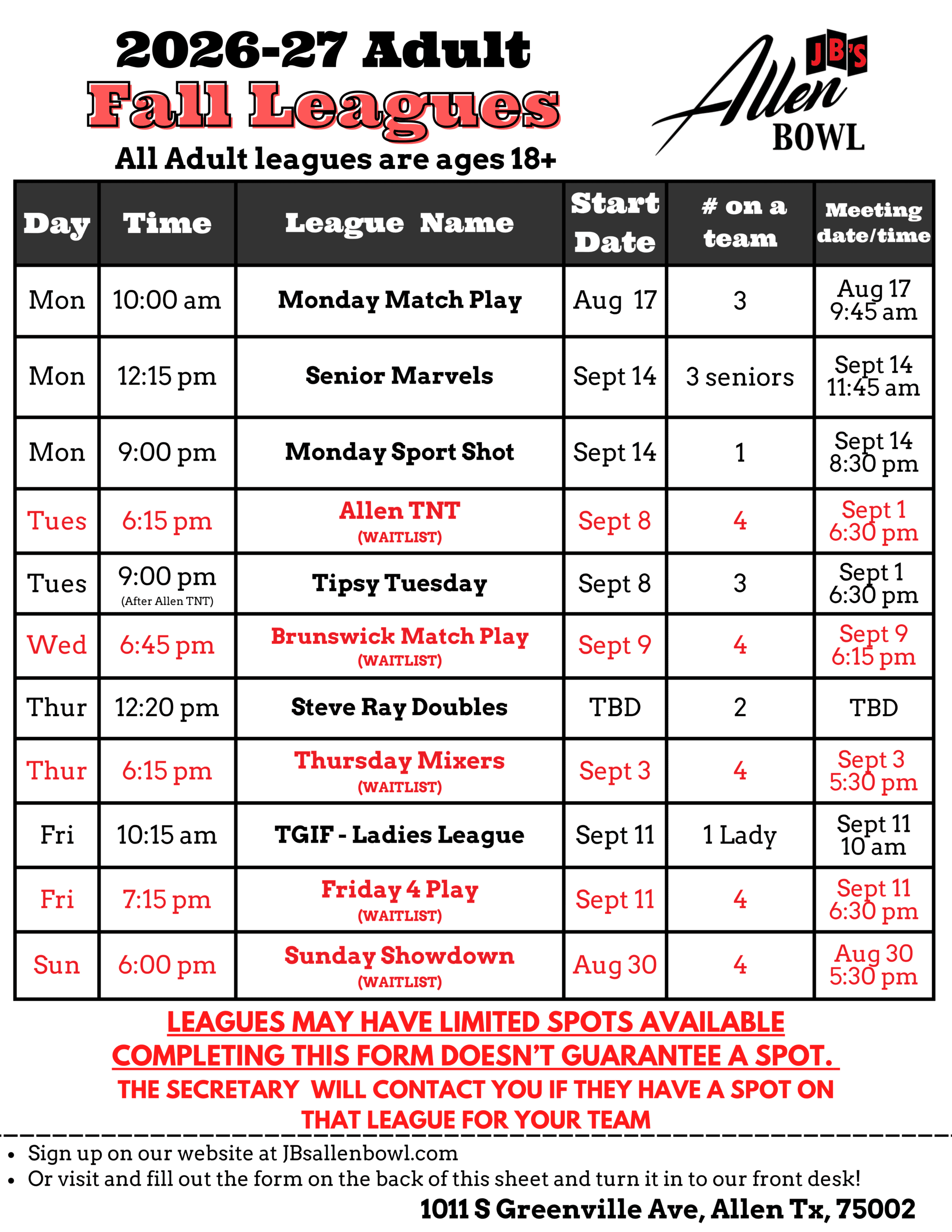 Adult League Sign Up Fall 26-27