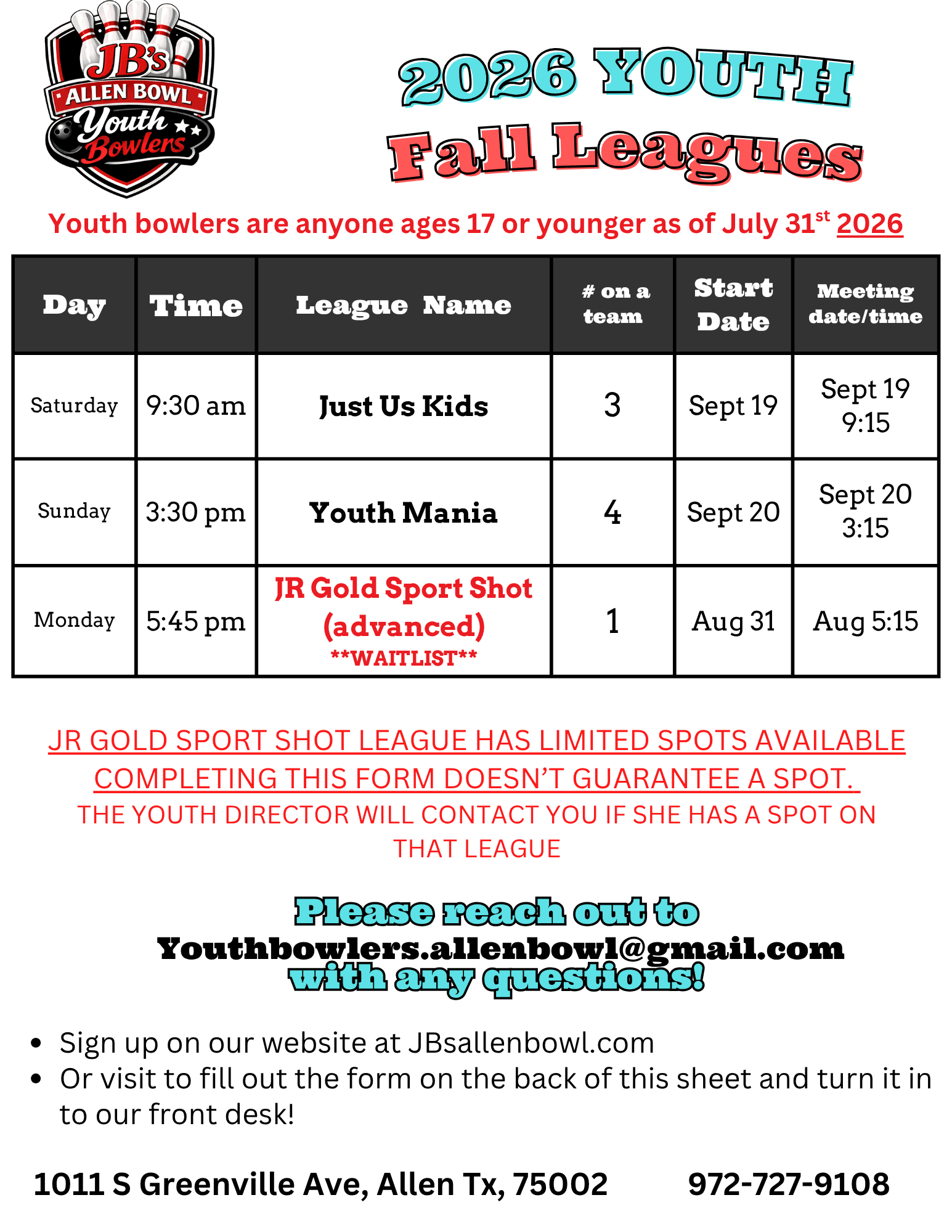 Youth League Sign Up Fall 26